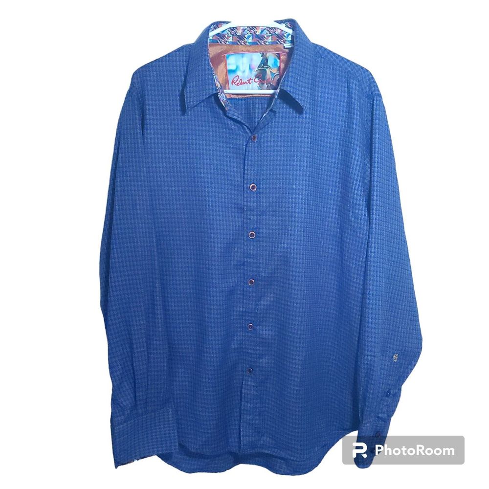 Robert Graham Grey / Royal Blue Checks Classic Button Front Shirt Men's Size LG